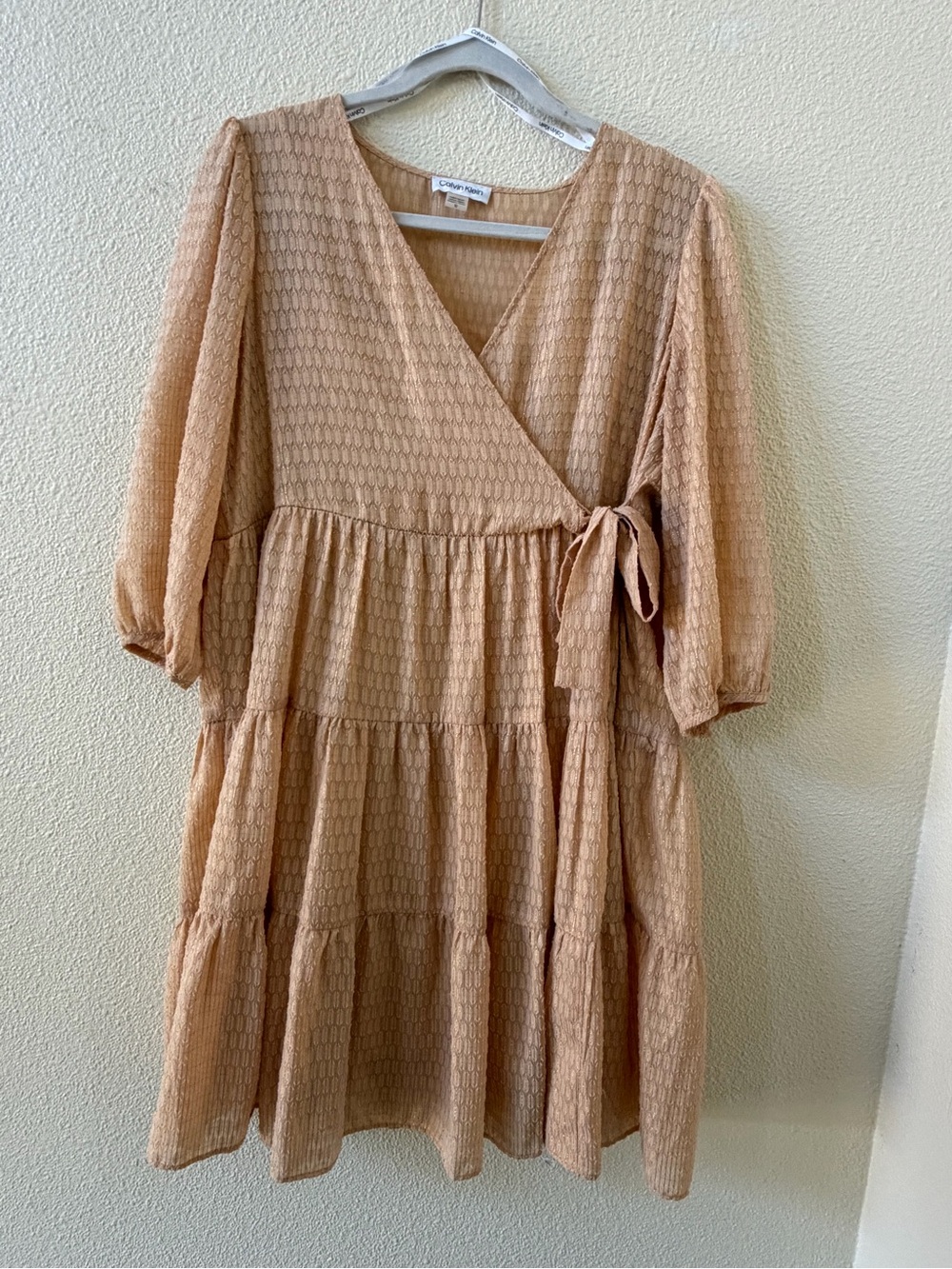 Calvin Klein Peach/Golden Fabric Textured Wrap Midi Dress